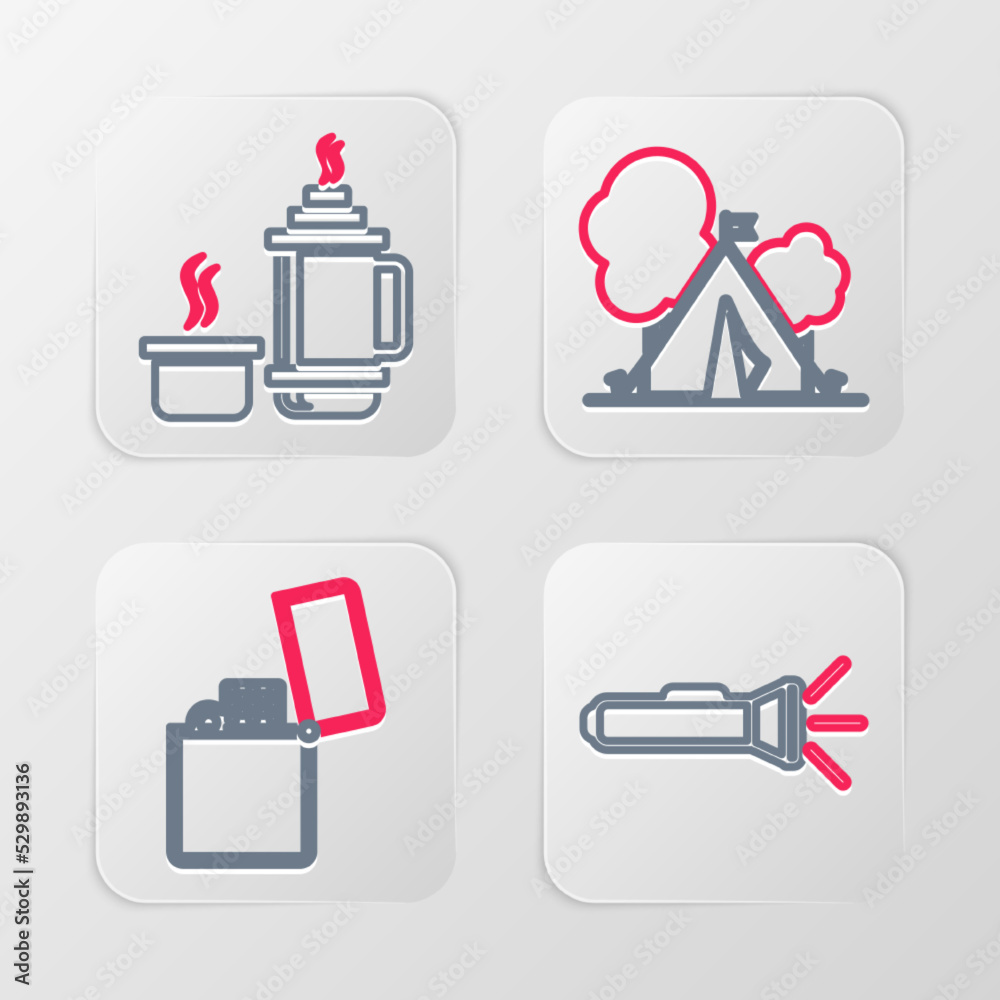 Sticker Set line Flashlight, Lighter, Tourist tent with flag and Thermos container icon. Vector