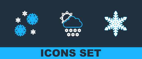 Set line Snowflake, and Cloud with snow and sun icon. Vector