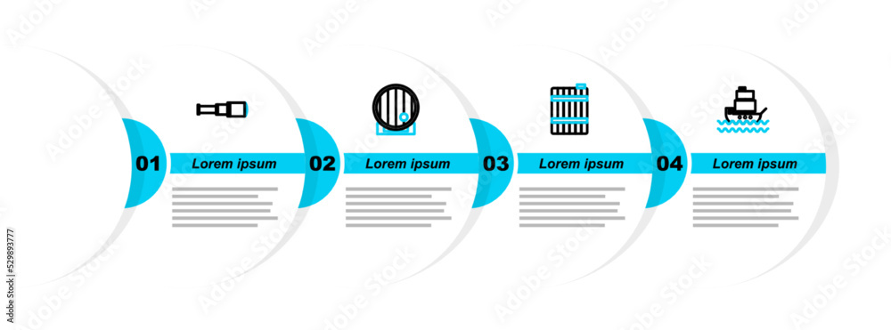 Sticker Set line Ship, Wooden barrel, and Spyglass telescope lens icon. Vector