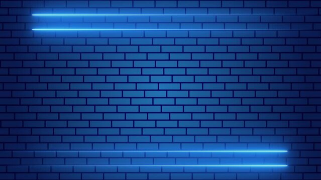 Abstract bright blue neon stripes motion design with brick wall