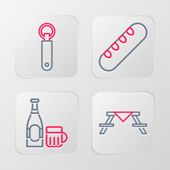 Set line Picnic table with benches, Beer bottle and glass, French baguette bread and Bottle opener icon. Vector
