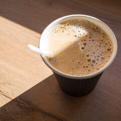 paper cup with coffee in the morning sun on a wooden table