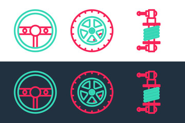 Set line Shock absorber, Steering wheel and Car icon. Vector