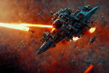space battle scene retrofuturistic with heat rays, created with generative ai