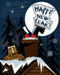 New Years card. Santa Claus and a reindeer on the roof. Vector illustration.