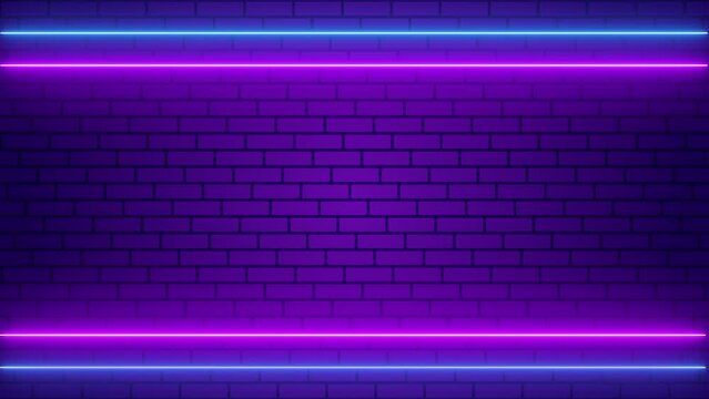 4K looped. Neon light frame with brick wall