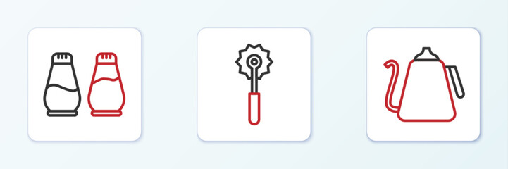 Set line Kettle with handle, Salt pepper and Pizza knife icon. Vector