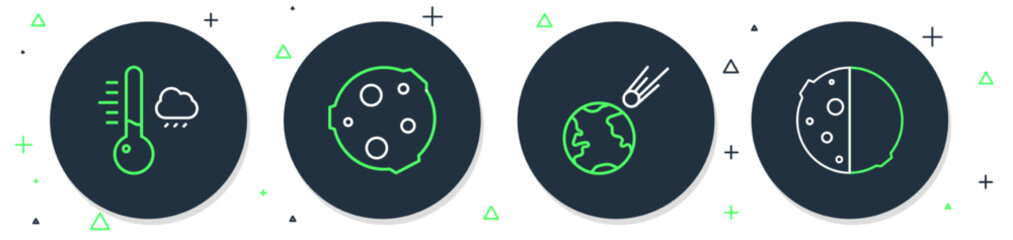 Set line Moon, Comet falling down fast, Meteorology thermometer and Eclipse of sun icon. Vector