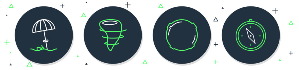 Set line Tornado, Moon, Sun protective umbrella for beach and Compass icon. Vector