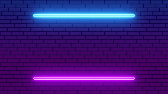 4K looped. Bright blue and purple neon light flicker animation with brick wall background.
