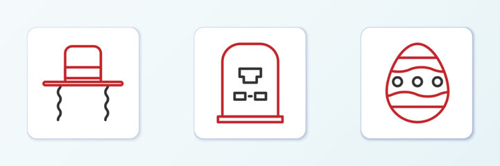 Set line Easter egg, Orthodox jewish hat with sidelocks and Tombstone RIP written icon. Vector