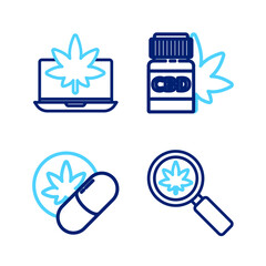 Set line Magnifying glass and marijuana, Herbal ecstasy tablets, Medical bottle with and Laptop or cannabis icon. Vector