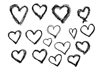 Set of red vector wax crayon love heart shape isolated on white background, hand painting brush texture design elements