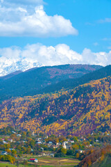 Fototapeta premium Beautiful delightful autumn landscape of the countryside in the mountains on a sunny day. Concept of travel, outdoor recreation. Vertical photo