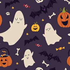 Happy Halloween Seamless pattern with pumpkins, bat, decoration elements, cartoon style. Witchcraft, withcore aesthetic. Mystical magic art. Trendy modern vector illustration, hand drawn, flat