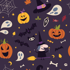 Happy Halloween Seamless pattern with pumpkins, bat, decoration elements, cartoon style. Witchcraft, withcore aesthetic. Mystical magic art. Trendy modern vector illustration, hand drawn, flat