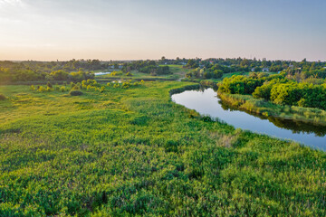 Drone view over summer river Ros landscape, Ukraine.