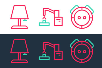 Set line Robot vacuum cleaner, Table lamp and Robotic robot arm hand factory icon. Vector