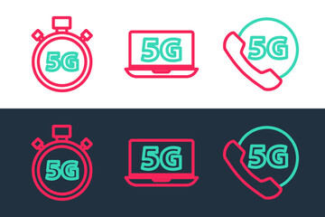Set line Phone with 5G network, Digital speed meter and Laptop icon. Vector