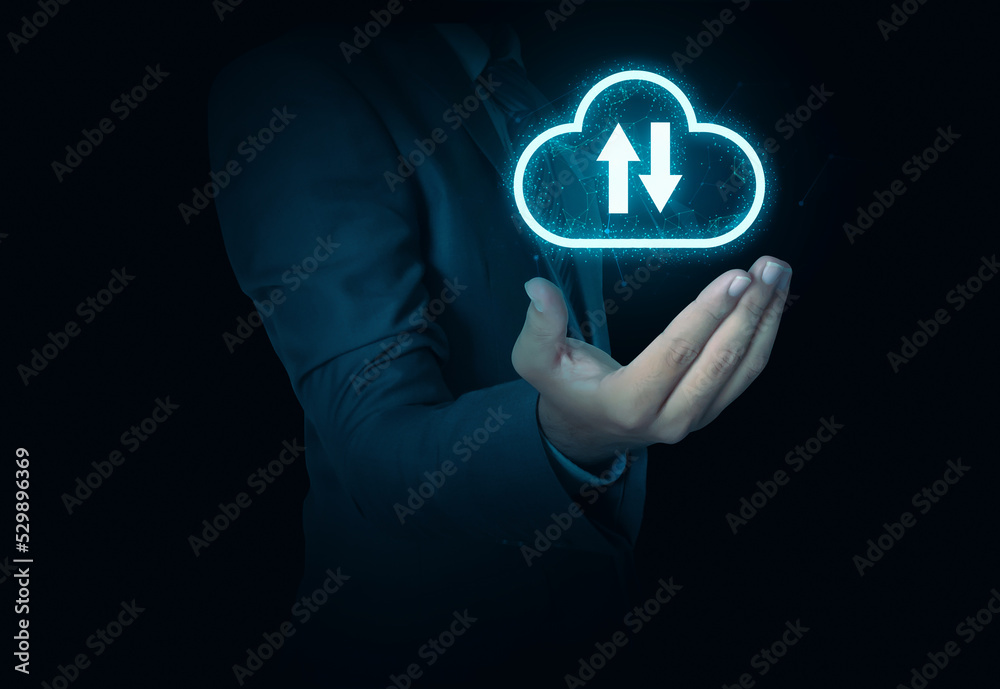 Poster cloud computing technology concept background with cloud upload and download sign. glowing futuristi