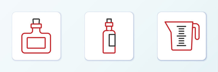 Set line Measuring cup, Sauce bottle and Bottle of olive oil icon. Vector