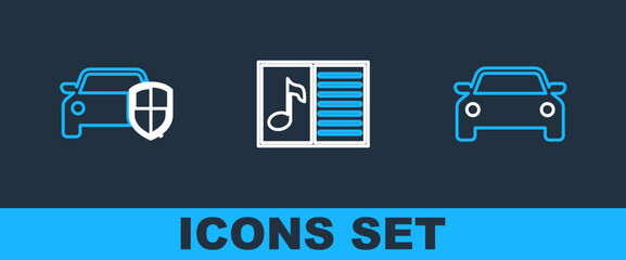 Set line Car, protection or insurance and Music book with note icon. Vector