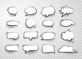 Fototapeta premium Empty speech comic bubbles with halftone shadows in doodle style isolated on transparent background. Balloon vector outline illustration for meme, poster, tag, banner, hashtag, dialogue