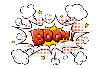 Boom comic speech bubble with cloud, rays and halftone effect   background. Pop art vector cartoon illustration in retro style. Design for comic book, poster, banner