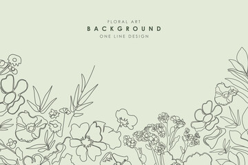 Beautiful floral vector hand drawn background. One line art design. Delicate green pattern with drawing contour flowers. Vintage ornament cover, banner, card, template, brochure, placard ant etc