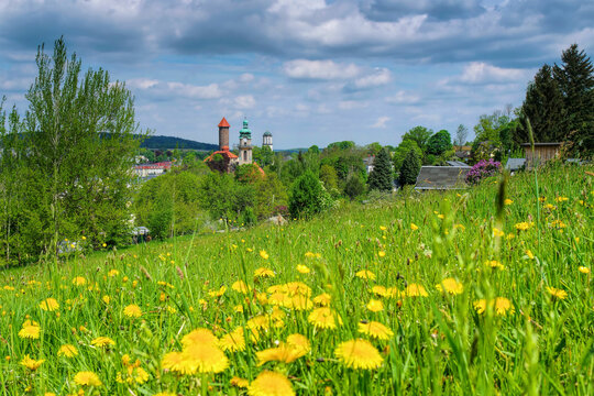 Auerbach im  Vogtland im Frühling - the town Auerbach in spring, Landscape Vogtland