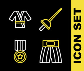 Set line Fencing, Boxing short, Medal and Japanese costume Kimono icon. Vector