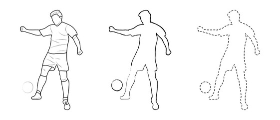Sketch drawing, silhouette outline, sportsman footballer in ball game. Line style and brush strokes