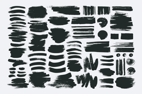 Big set of black ink shapes. Hand drawn blackgrunge torn box shapes with rough edges on dark background. Glitter paint stroke, distressed black brush strokes