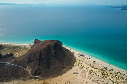 aerial view of beautiful beach with crystal clear water, La Paz baja california mexico - Playa Tecolote