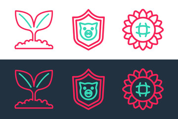Set line Sunflower, Plant and Shield with pig icon. Vector