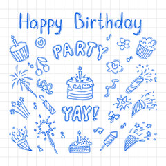 Hand drawn Birthday elements. Set of party design elements. Party postcard. Doodle decoration