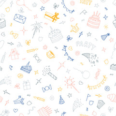 Hand drawn Birthday seamless pattern. Cute doodle party background. Happy Birthday print