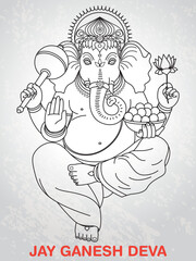 Fototapeta na wymiar Indian God Ganesha illustration, Indian festival, 'Jay Ganesh Deva' Hindi text. Line drawing for banner, template, invitation card design, Vector Format