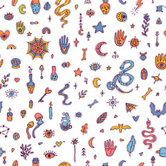 Hand drawn magical seamless pattern. Halloween. Doodle boho style. Witchcraft print. Mystical esoteric background