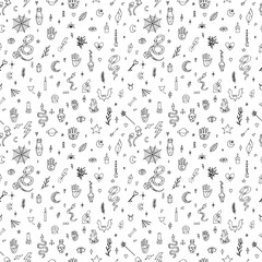 Magical hand drawn seamless pattern. Witchcraft print. Halloween. Doodle boho style. Mystical esoteric background
