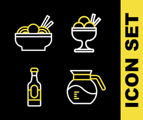 Set line Ice cream in bowl, Coffee pot, Wine bottle and Asian noodles icon. Vector