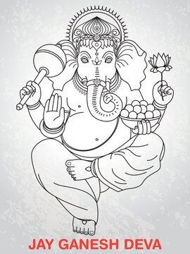 Indian God Ganesha illustration, Indian festival, 'Jay Ganesh Deva' Hindi text. Line drawing for banner, template, invitation card design, Vector Format