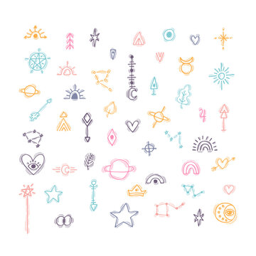 Hand drawn magical symbols. Witchy esoteric boho doodle icons. Mysterious elements