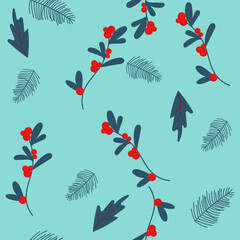 Merry Christmas, Happy New Year seamless pattern with fir cone, holly leaves and berries for greeting cards, wrapping papers. Seamless winter pattern. Vector illustration.