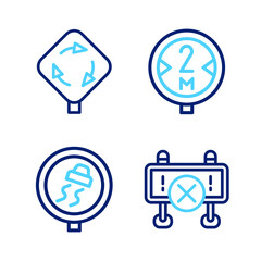 Set line Road barrier, Slippery road traffic, sign and Roundabout icon. Vector