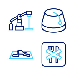 Set line Ramadan fasting, Muslim man prays, Turkish hat and Oil pump or pump jack icon. Vector