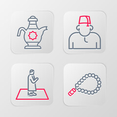 Fototapeta premium Set line Rosary beads religion, Muslim man prays, and Islamic teapot icon. Vector