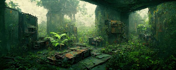 Fototapeta abandoned places overgrown with jungle, post-apocalypse illustration obraz