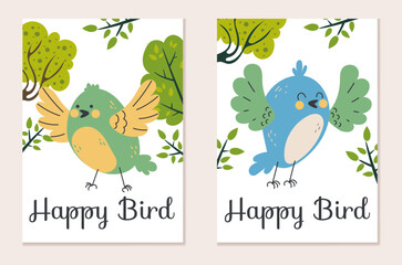 Birds animal forest greeting cards cover abstract concept. Graphic design cartoon illustration