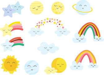 Collection of cute sky stickers - rainbow, stars and sun, planets, clouds. Cheerful childrens kawaii style. Vector illustration. Use for clothing printing, greeting cards and packaging, birthday and